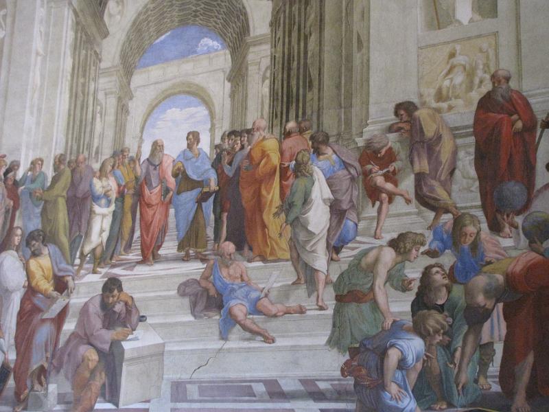 raphaels rooms_school of athens.jpg - Raphael's rooms: Room of the Segnatura. De atheense school. In deze schildering staan alle wijzen uit de oude wereld. Boven aan de trap staan Plato en Aristoteles.